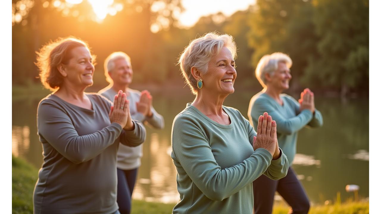 Un gruppo di persone mature che pratica yoga all'aperto in un ambiente sereno, con sorrisi e colori vivaci dei vestiti, che riflettono benessere e attività.