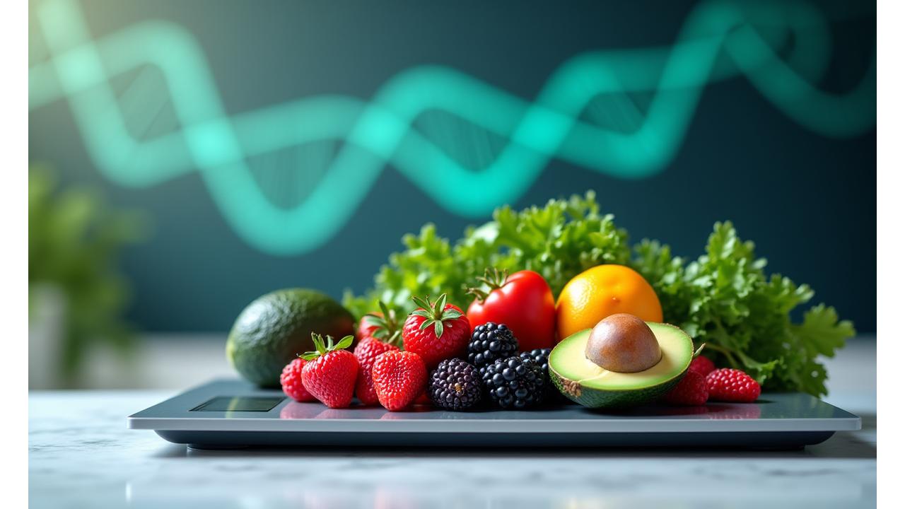 Immagine di cibo fresco e colorato su una bilancia, con elementi che suggeriscono nutrigenomica come una doppia elica del DNA leggera, colori primario e secondario Vita Serena.