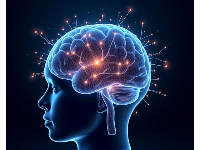 Un cervello stilizzato composto da elementi digitali, con flussi di dati luminosi che indicano analisi AI e predizioni sanitarie, su sfondo scuro con accenti blu e verdi.