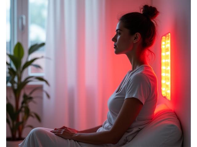 Una persona in una sessione di terapia con luce rossa, con una sottile grafica di energia che si irradia, ambiente pulito e moderno, tonalità calde di rosso e arancione come accento.