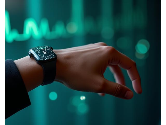 Un elegante wearable tech al polso di una persona, che mostra dati biometrici su uno schermo futuristico, colori dominati da blu e bianco.
