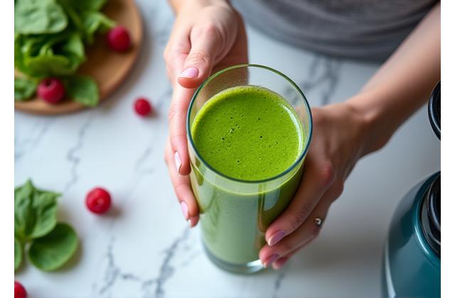 Persona che prepara un frullato verde, ingredienti freschi sul bancone della cucina illuminato dal sole.