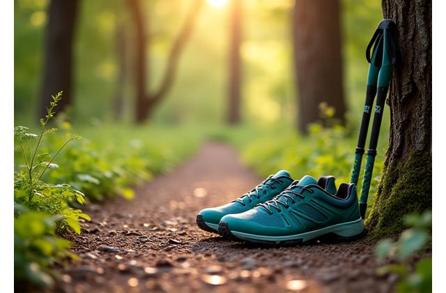 Un paio di scarpe da corsa su un sentiero sterrato in un bosco ombreggiato, suggerendo attività fisica all'aperto.