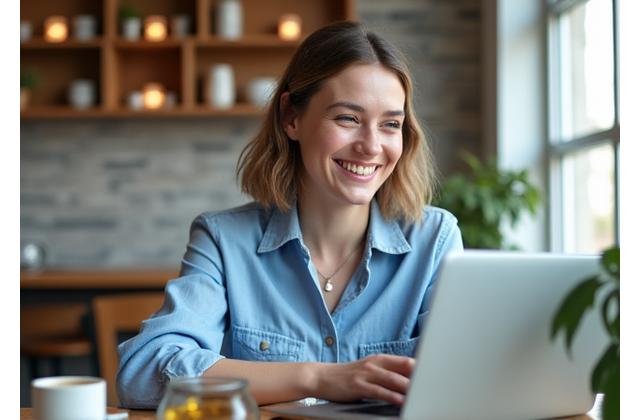 Giovane donna sorridente al telefono in un caffè luminoso e moderno, circondata da verde. Atmosfera rilassata e produttiva.