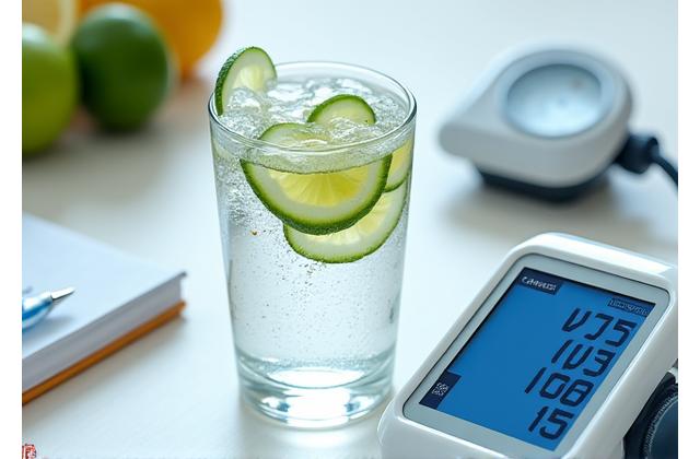Un bicchiere d'acqua frizzante con fette di lime e cetriolo, accanto a un misuratore di pressione sanguigna e un taccuino di appunti medici.