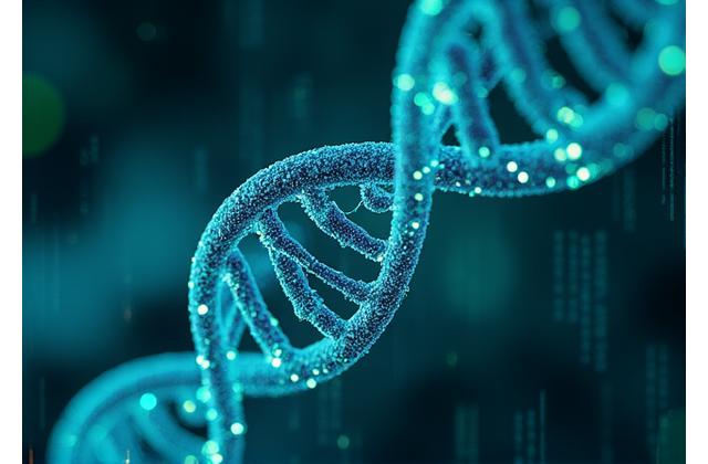 Visualizzazione 3D di molecole complesse su uno schermo digitale, con sfumature di blu e verde che simboleggiano la biologia e la ricerca.