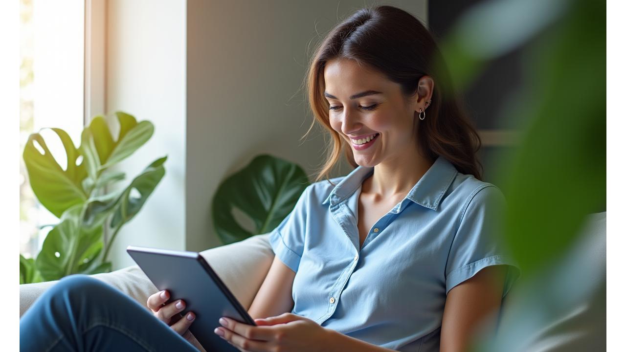 Donna sorridente che legge un tablet in un ambiente luminoso e sereno, circondata da piante, simboleggiando benessere digitale e natura.