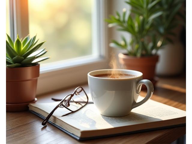 Una tazza di tè fumante appoggiata su un libro aperto con occhiali, accanto a una finestra con luce soffusa, evocando un momento di relax e buona abitudine.