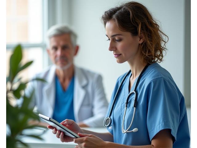 Dottore che esamina i risultati di un test su un tablet, con un paziente anziano seduto in sottofondo, suggerendo consulenza e attenzione preventiva.
