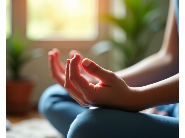Primo piano di mani che si uniscono in un gesto di meditazione, con un'atmosfera calma e colori tenui che suggeriscono pace interiore.