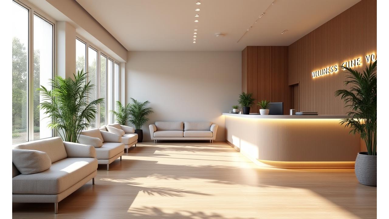 Interno moderno e luminoso della reception di Vita Serena a Roma, con arredi eleganti e piante verdi.