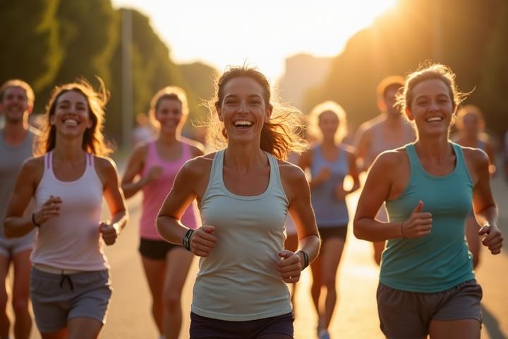 Uomo e donna di 40 anni che fanno jogging di gruppo in un parco, sorridendo e pieni di energia.