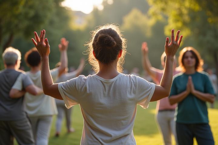 Gruppo di persone di mezza età che praticano mindfulness in un ambiente calmo, riflettendo gestione dello stress e longevità.