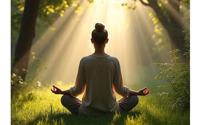 Persona che medita serenamente in un paesaggio naturale, simboleggiando la serie video di mindfulness.