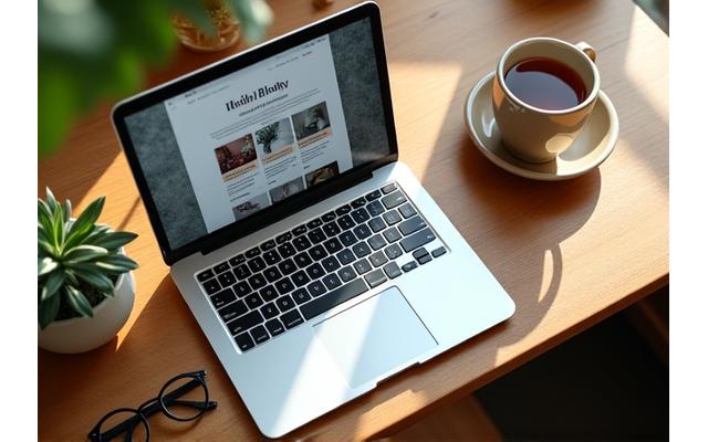 Schermo di un laptop che mostra un articolo di un blog sulla salute, con una tazza di tè e occhiali.