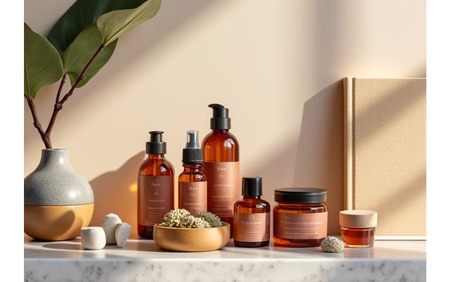 Varietà di prodotti per la salute e il benessere come integratori, oli essenziali, e libri, disposti elegantemente.