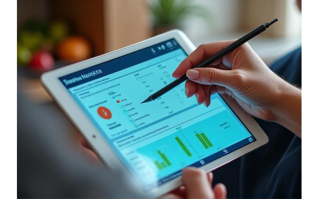 Donna che consulta un tablet con grafici di benessere personalizzati.