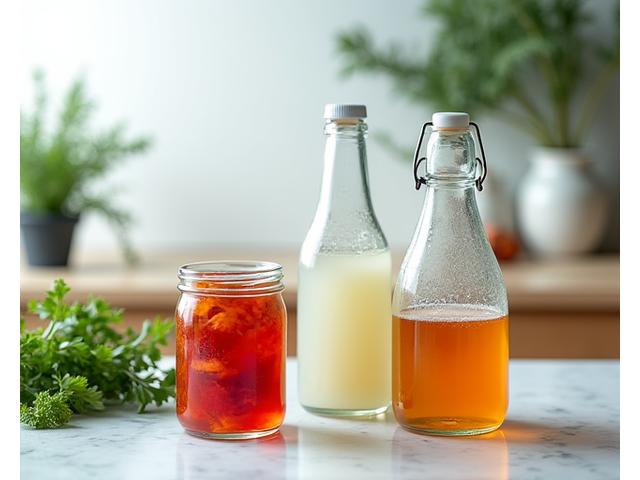 Selezione di alimenti fermentati come kimchi, kefir e kombucha, con sfondo di erbe adattogene fresche, in una ripresa zen e pulita.