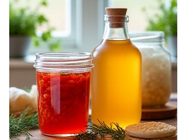 Vasi di vetro di kimchi, kefir d'acqua e kombucha di diverse varietà, con etichette artigianali e un tocco verde