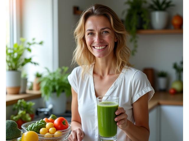 Donna sorridente che prepara un frullato salutare con ingredienti freschi, simbolo di nutrizione funzionale e vitalità.
