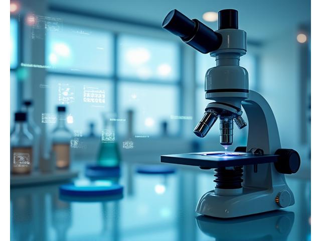 Microscopio e provette su un tavolo di laboratorio pulito, con grafici digitali olografici di dati genomici, evidenziando il concetto di nutrizione di precisione.