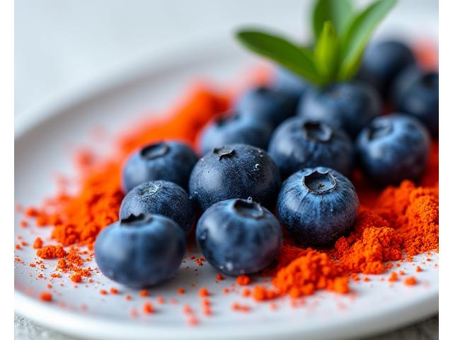 Mirtilli freschi, bacche di Goji e Acai in polvere, disposti artisticamente, con un tocco di colore accentuato #F5A623