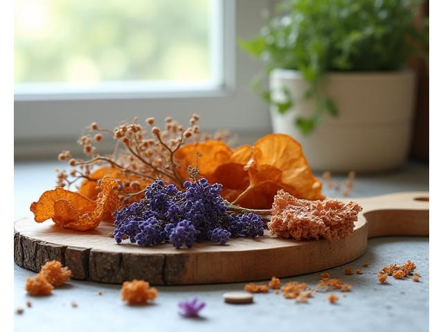 Bacche di sambuco essiccate, echinacea fiori e funghi Reishi su sfondo neutro, con un tocco di colore secondario #7AC892