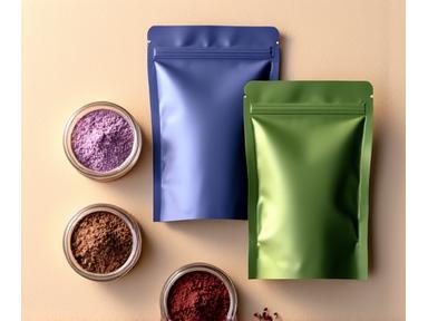 Bustine di polvere di superfood come Spirulina, Chlorella e Cacao Crudo, con etichette premium design pulito.