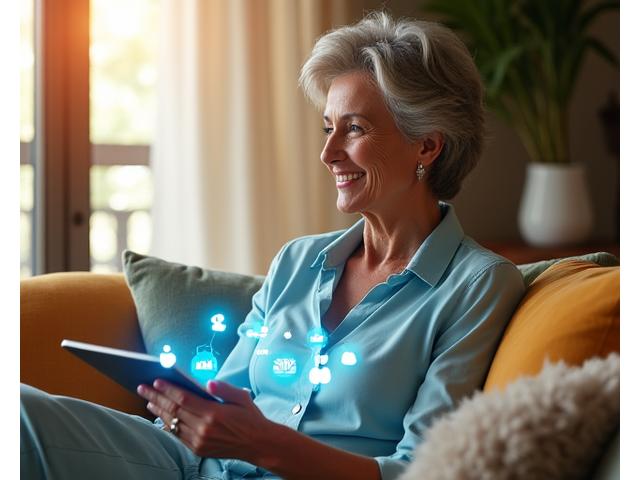 Persona anziana con tablet che interagisce con icone di feedback e community