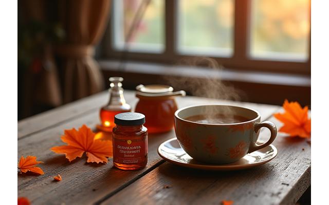 Tazza fumante di tisana, foglie autunnali e integratori per il supporto immunitario su un tavolo di legno.