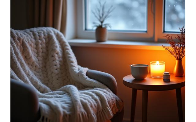 Persona accoccolata sotto una coperta calda con tazza di tè, candele e integratori per l'inverno.