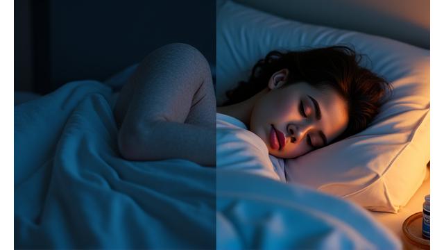 Foto di un letto con persona serena che dorme e flacone di magnesio in primo piano