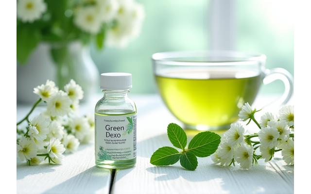 Prodotti detox e integratori vitaminici su sfondo primaverile con fiori e erbe fresche.