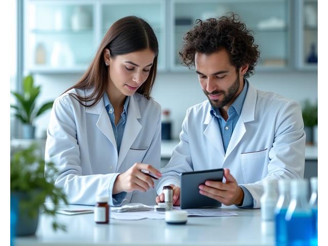 Team di esperti Vita Serena che esamina prodotti wellness in un ambiente di laboratorio pulito e moderno.