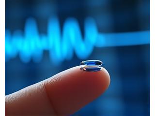 Dispositivo di biofeedback piccolo su un dito, con grafici di onde cerebrali su uno schermo