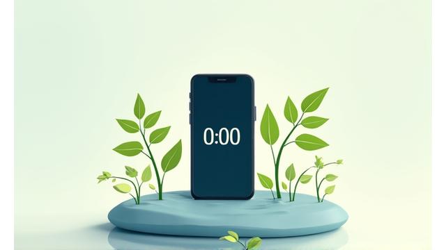 Smartphone con timer e foglie verdi, simbolo di disconnessione e relax