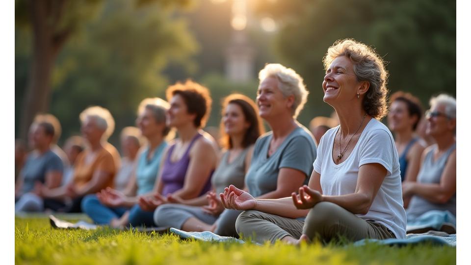 Diverse persone di diverse generazioni, pacifiche e sorridenti, che partecipano a una sessione di meditazione di gruppo all'aperto a Roma, con luci soffuse