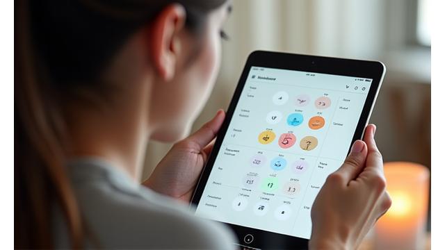 Persona che registra il suo umore su un tablet, circondata da icone emotive colorate