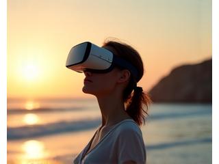 Persona con visore VR immersa in un paesaggio naturale sereno