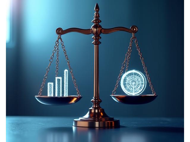 Bilancia digitale in equilibrio con dati e simboli di protezione