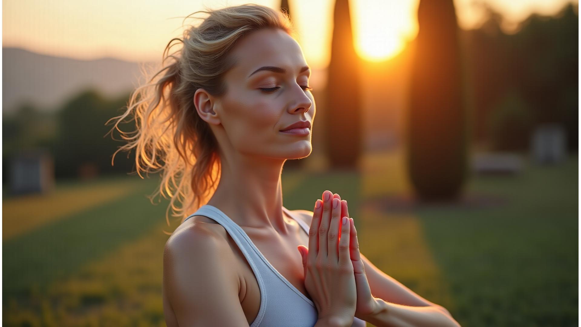 Donna di 40 anni serena che fa yoga all'aperto al mattino, con un'espressione di pace e benessere.