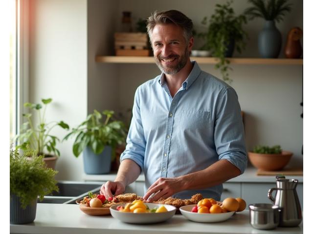 Uomo ben vestito e sorridente in cucina, intento a preparare una colazione sana e semplice, con luce del mattino che entra dalla finestra.