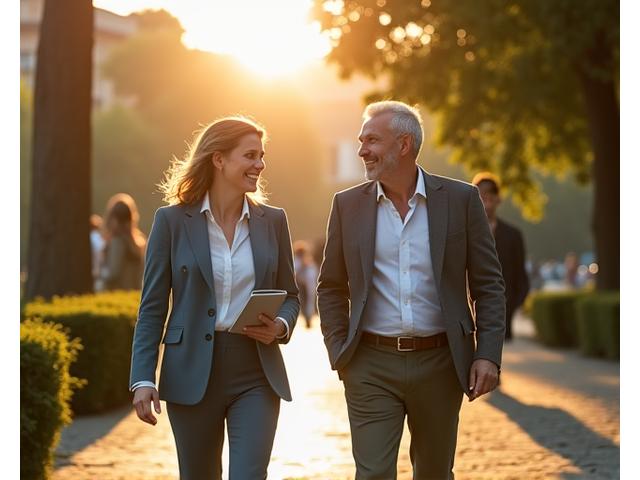 Uomo e donna, professionisti di mezza età, sorridono mentre camminano in un parco cittadino, parlando animatamente. L'immagine cattura un equilibrio tra carriera e vita privata.