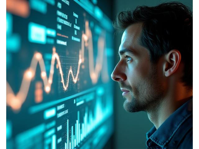 Visualizzazione dati futuristica su uno schermo trasparente sovrapposta a una persona pensante, che simboleggia l'analisi intelligente dei dati sanitari.