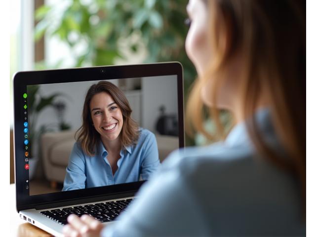 Donna professionista adulta che partecipa a una sessione di coaching virtuale individuale su un laptop, con un coach sorridente sullo schermo.