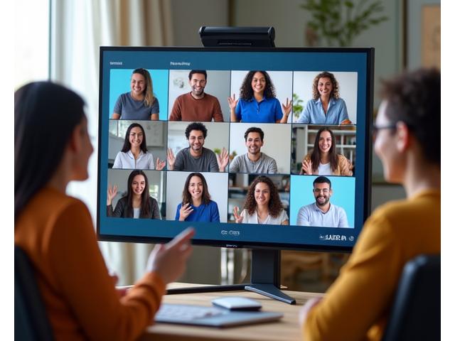 Un gruppo diversificato di adulti sorridenti che interagiscono in una videochiamata di gruppo su uno schermo, simbolo di una comunità di supporto online.