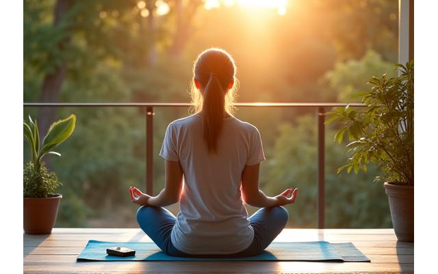Donna sorridente che pratica yoga all'aperto con il suo smartphone accanto, simboleggiando un programma di digital detox equilibrato.