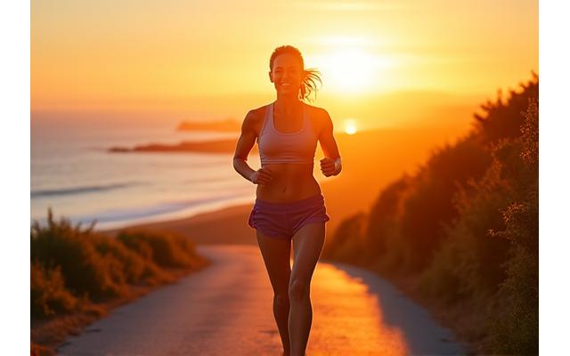 Donna energica che fa jogging all'aperto al tramonto, con un'aura radiosa, che rappresenta un programma per aumentare l'energia.