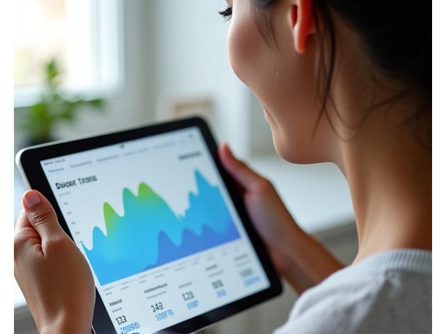 Persona anziana che controlla i dati sulla salute su un tablet, mostrando la frequenza cardiaca, il sonno e i livelli di attività tramite un'interfaccia elegante e intuitiva.