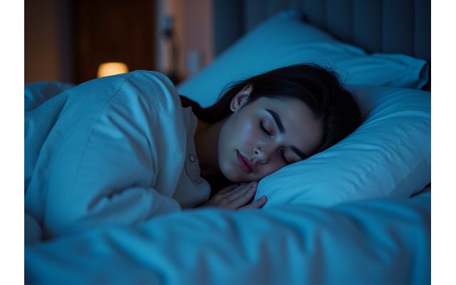 Persona serena che riposa profondamente in un ambiente confortevole, con un'icona di sonno sul telefono, che illustra l'ottimizzazione del sonno.